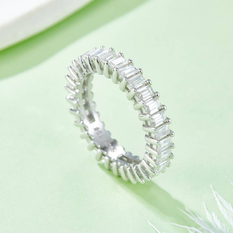 Rectangular full body lined ring S925 silver plated platinum moissanite diamond women's ring 4.6 carats D-grade
